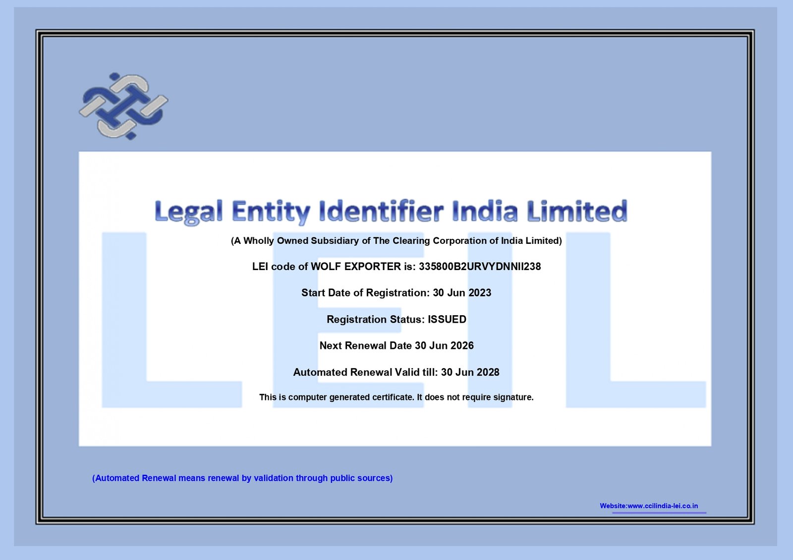 LEIIL Certificate