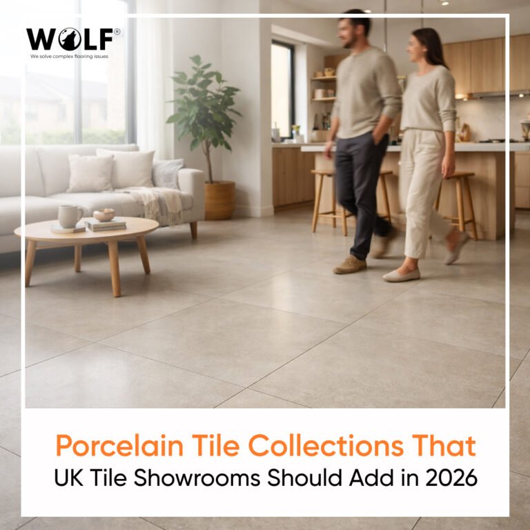 Modern living space with large-format porcelain floor tiles showcasing seamless joints and a clean, contemporary look.