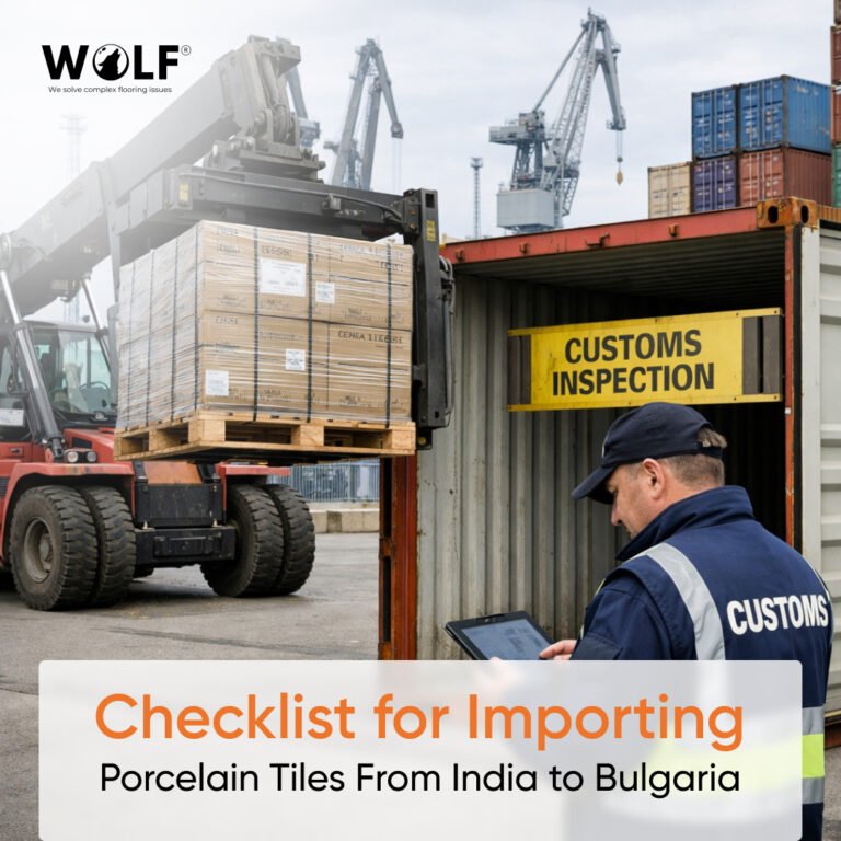 Customs officer monitoring forklift unloading palletized porcelain tiles during inspection at Bulgarian container port