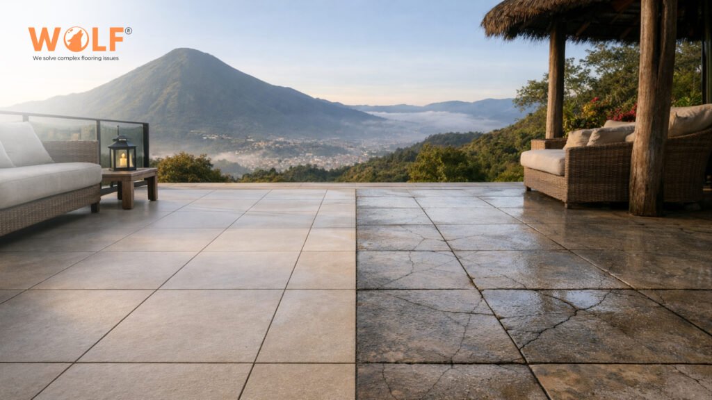 Side-by-side comparison ceramic vs porcelain tiles El Salvador mountain terrace showing cracking damage versus intact surface