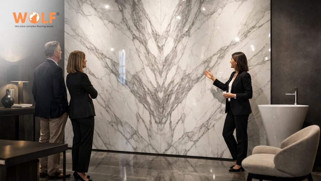 High-gloss marble-effect porcelain tiles displayed as a book-matched feature wall in a showroom setting.