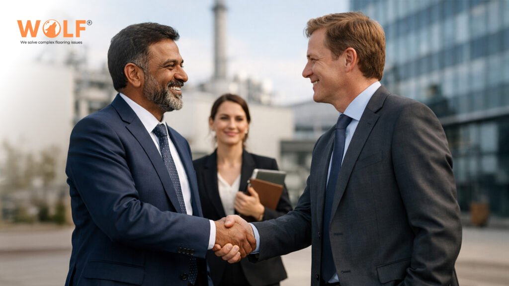 Indian manufacturing representative shaking hands with a European buyer to confirm a tile export agreement.