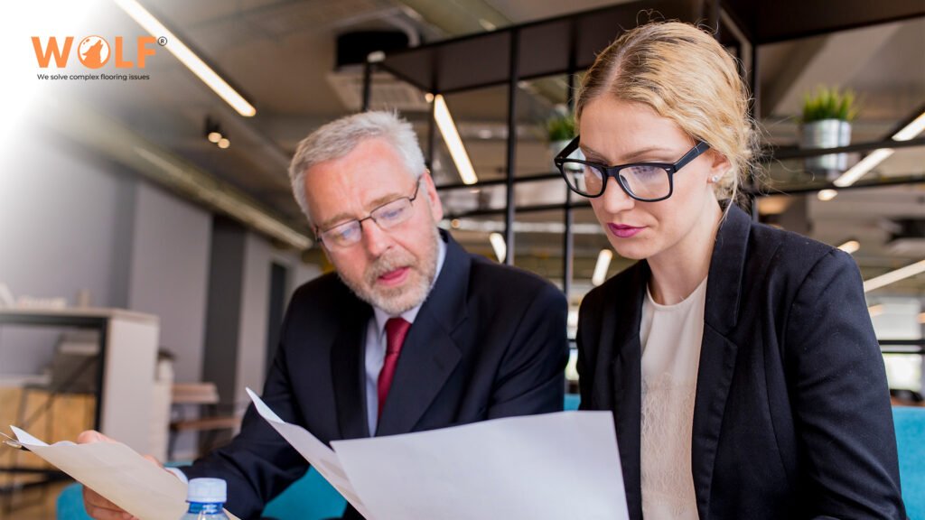 Two business professionals reviewing compliance documents and test reports