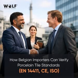 Indian manufacturing representative shaking hands with a European buyer to confirm a tile export agreement.