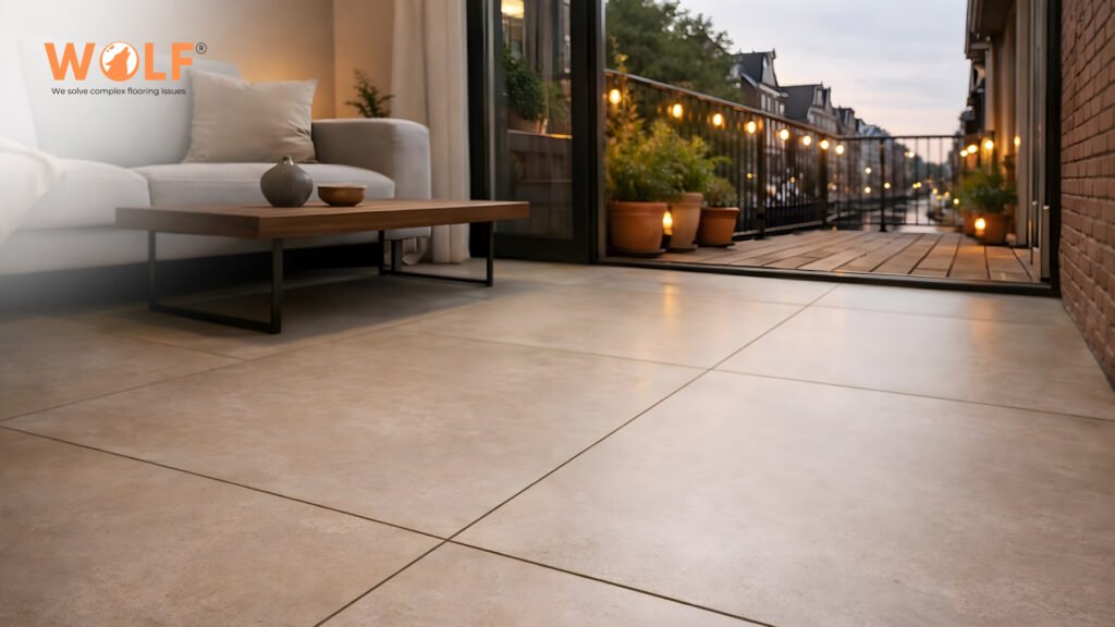 Large format porcelain tiles flowing from Dutch interior living room through glass doors to outdoor terrace seamlessly