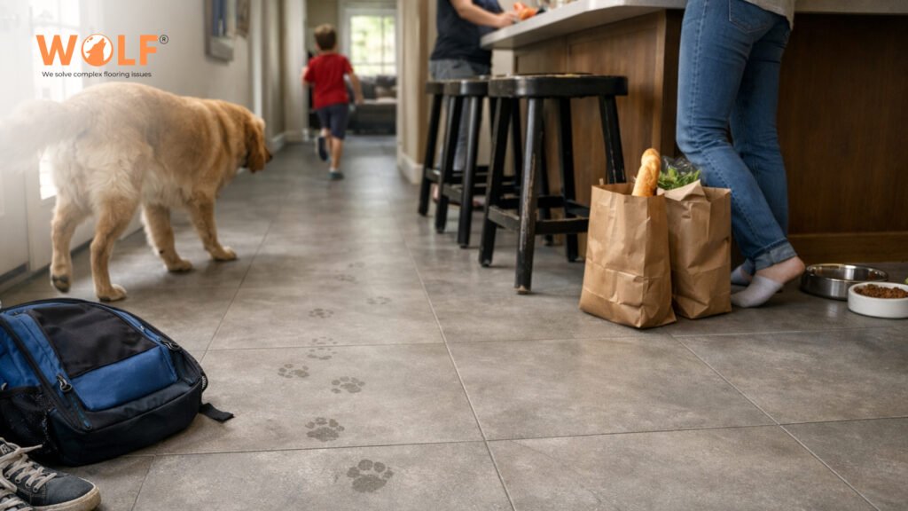 Large format porcelain tile flooring in a busy family kitchen with pet footprints and daily foot traffic.