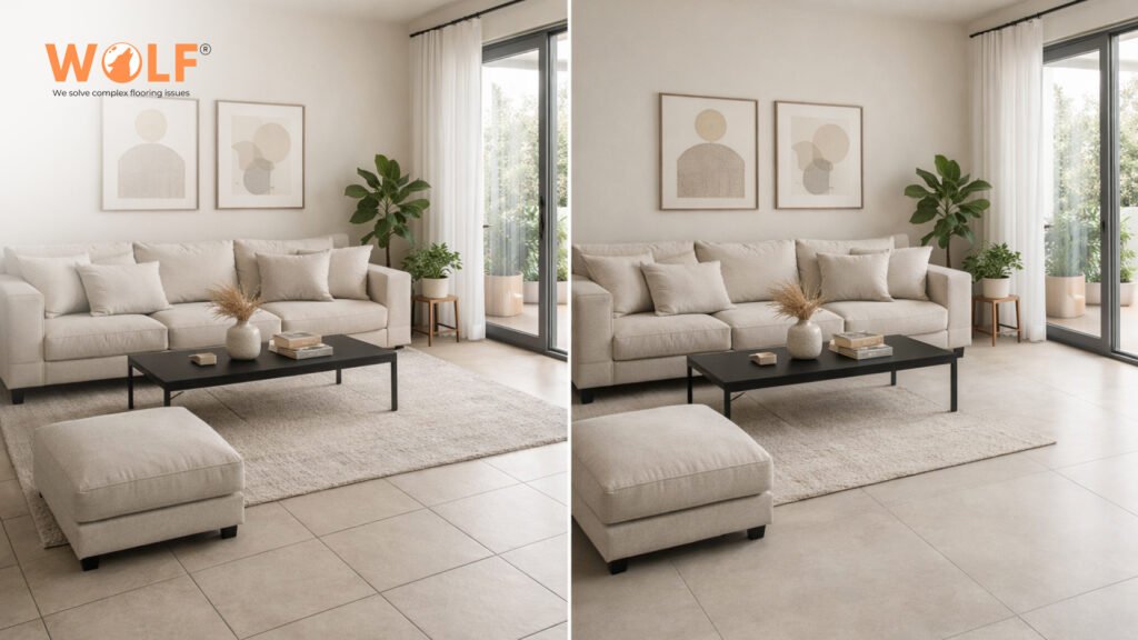 Side-by-side comparison showing large-format porcelain tiles versus smaller tiles in a modern living room floor layout.