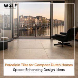 Large format tiles Netherlands modern apartment living room with canal view showing seamless porcelain flooring minimalist design