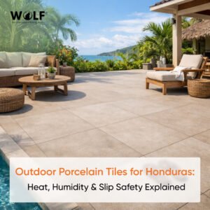 Outdoor porcelain tiles Honduras coastal terrace large format beige matte finish with ocean view and tropical furnishings