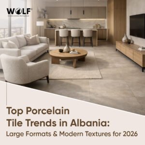 Large-format matte porcelain tiles in a modern open-plan Albanian living and kitchen interior with warm stone tones.