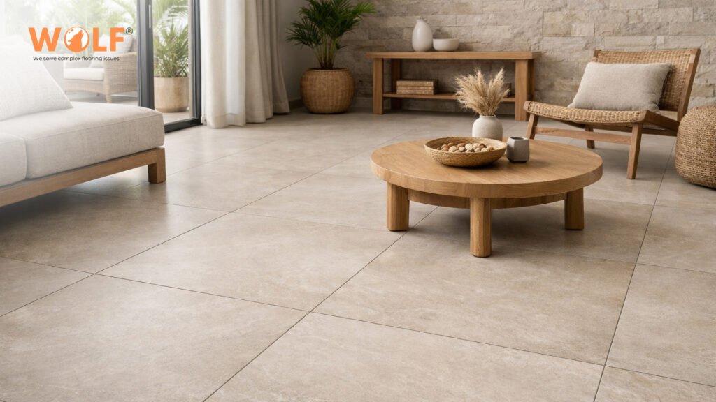Large-format stone-look porcelain tiles used in a modern residential living space with a matte finish.
