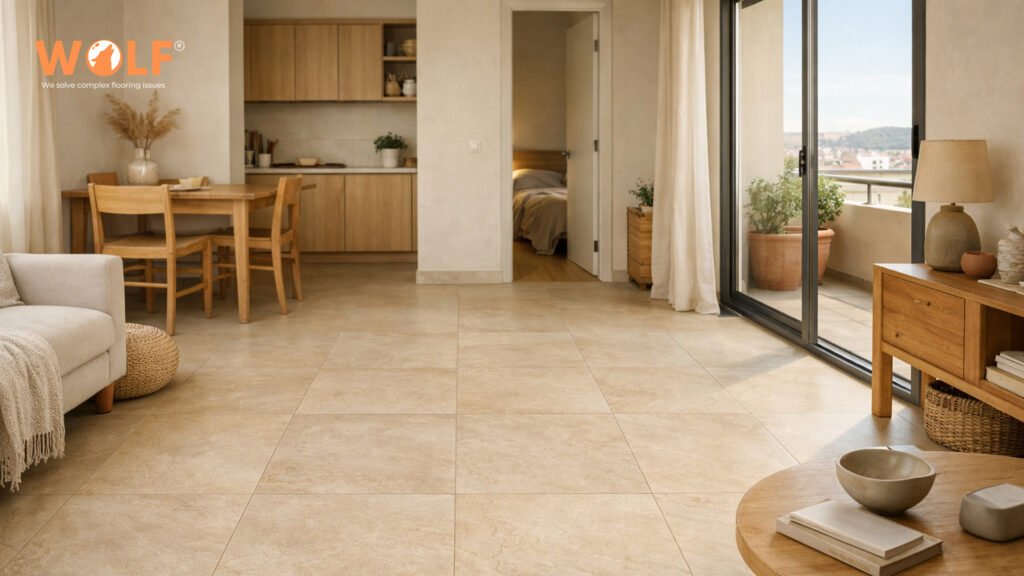 Large format porcelain tiles Albania balcony transition showing seamless indoor-outdoor flow with warm stone-look finish