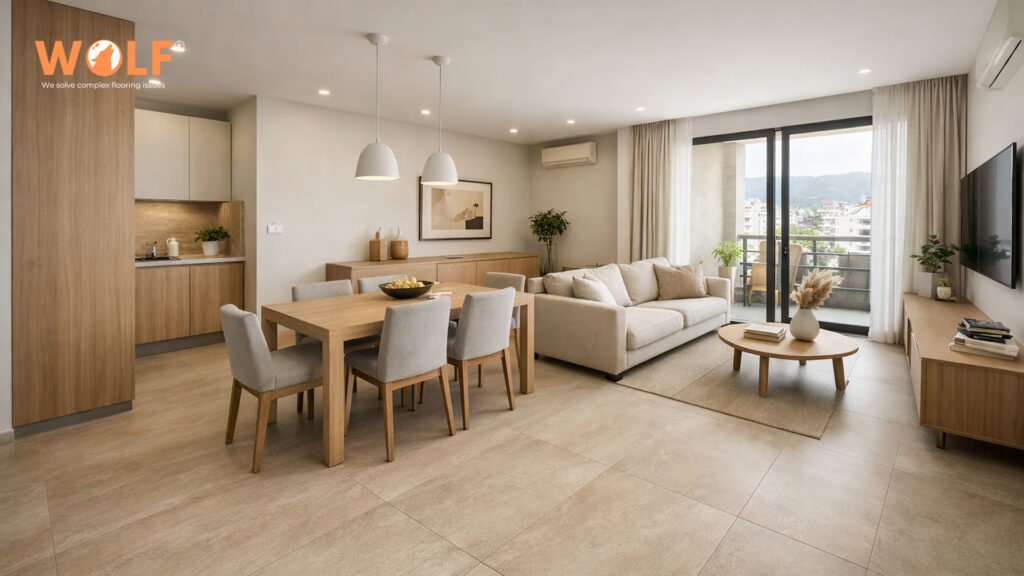 Albania residential porcelain tile trends showing large format matte finish in warm greige creating unified living space