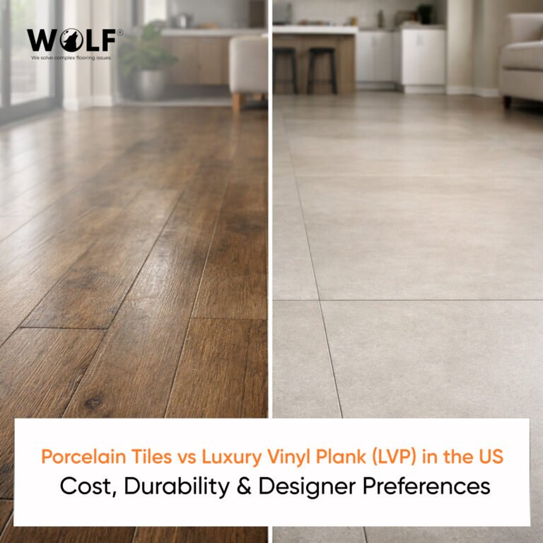 Comparison of porcelain tile flooring and luxury vinyl plank highlighting surface texture and seams.