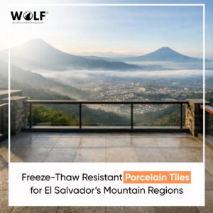 Freeze-thaw resistant porcelain tile terrace at El Salvador mountain lodge overlooking volcanic peaks with morning fog valley