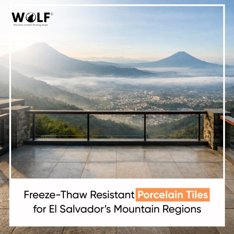 Freeze-thaw resistant porcelain tile terrace at El Salvador mountain lodge overlooking volcanic peaks with morning fog valley