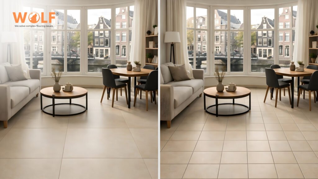 Side by side comparison large format tiles Netherlands showing 60x120cm versus standard tiles in Amsterdam apartment interior