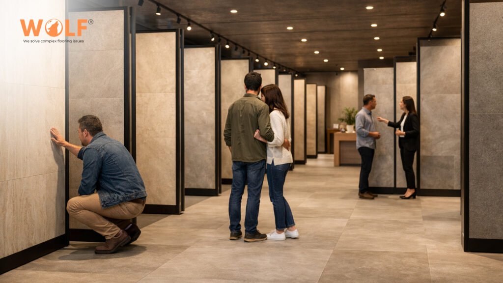 Customers examining matte stone-effect porcelain tiles displayed in a UK-style tile showroom.