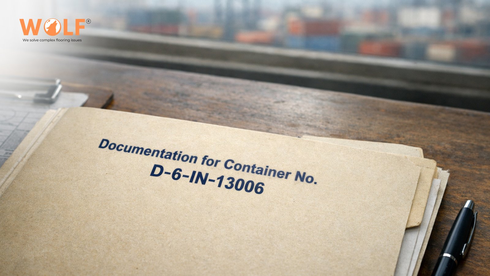 Import documentation folder for porcelain tile container shipment with container number and shipping paperwork