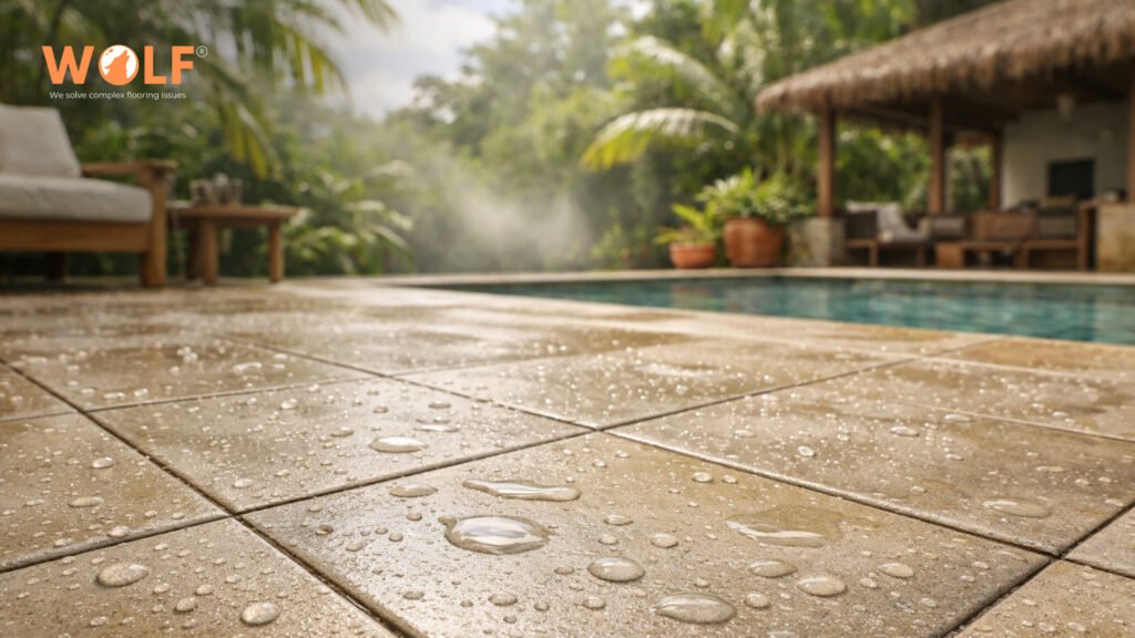 Water beading on outdoor porcelain tiles Honduras pool deck showing non-porous surface and textured matte finish