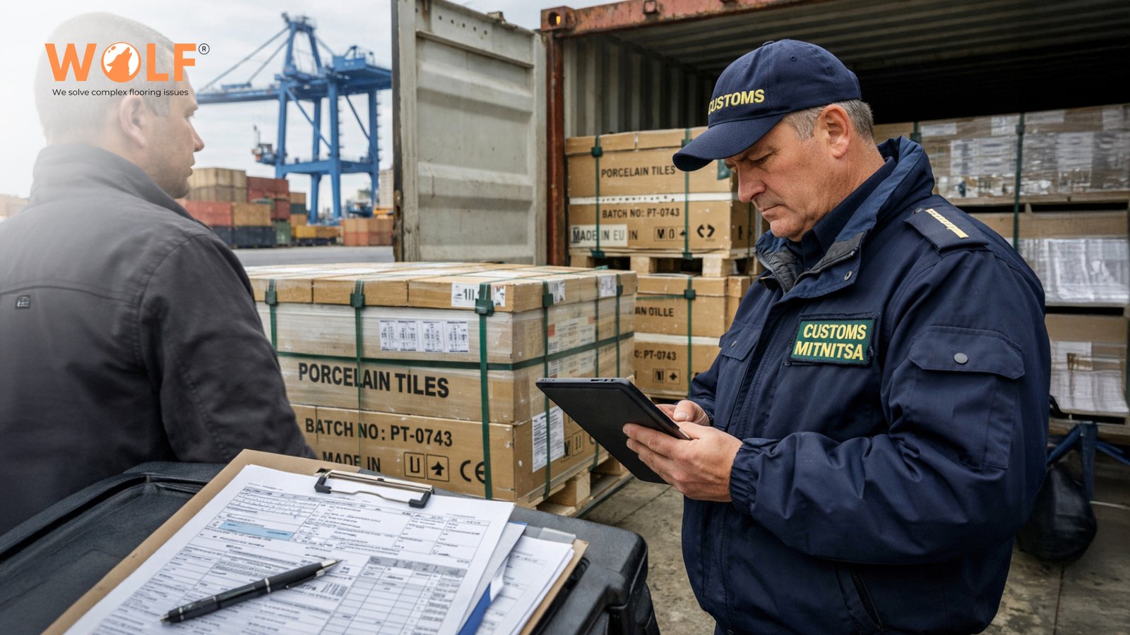 Bulgarian customs officer inspecting porcelain tile shipment documentation at port with tablet and paperwork on clipboard
