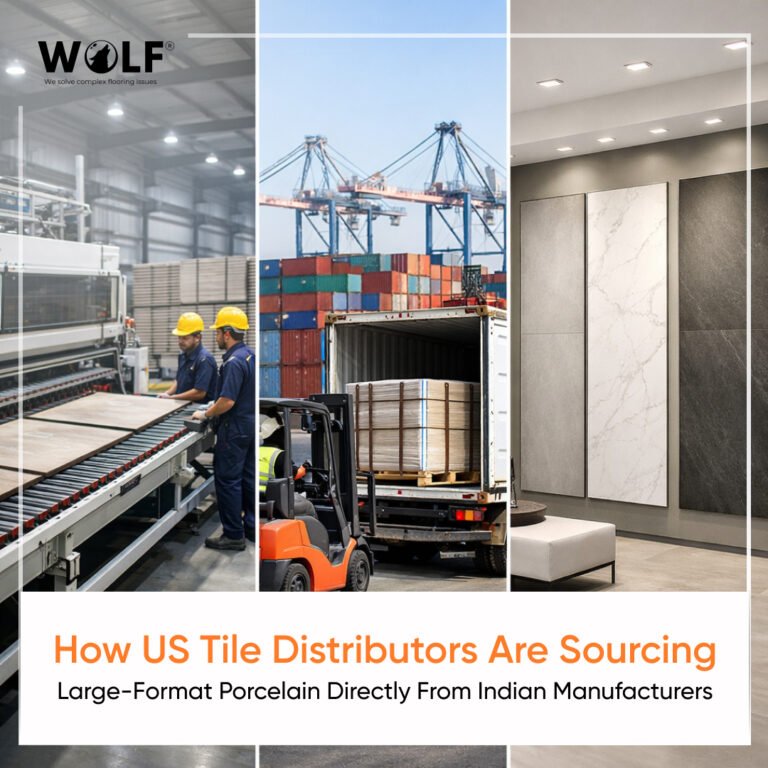 Large-format porcelain tile manufacturing, container shipping, and showroom display for US distributors.