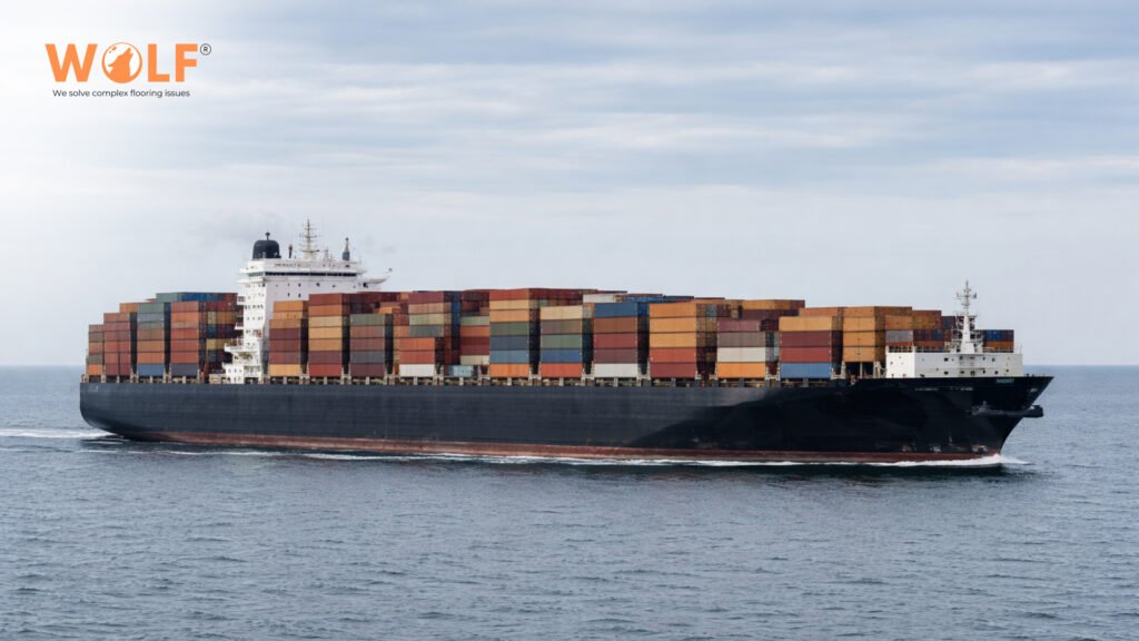 Container ship carrying porcelain tile exports from India to Canada across international shipping routes.