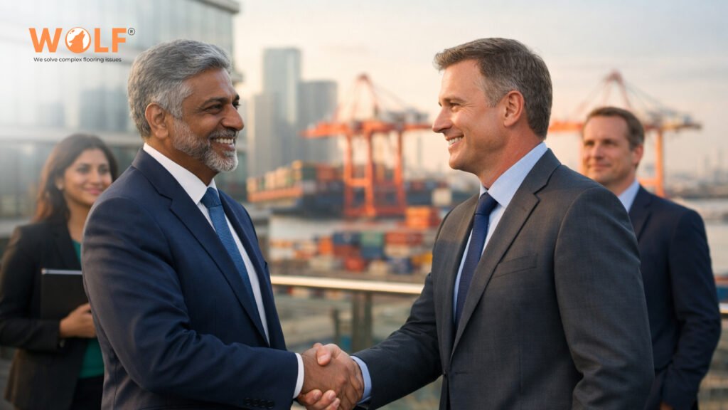 US distributor and Indian exporter shaking hands at a port facility during a sourcing partnership.