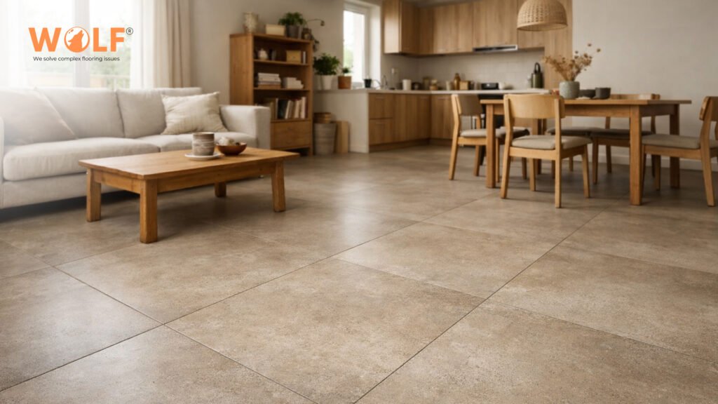 Matte stone-effect porcelain tiles in a Polish open-plan living and dining area.