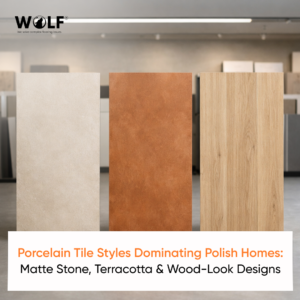 Porcelain tile display boards showing matte stone, terracotta, and wood-look finishes popular in Poland.
