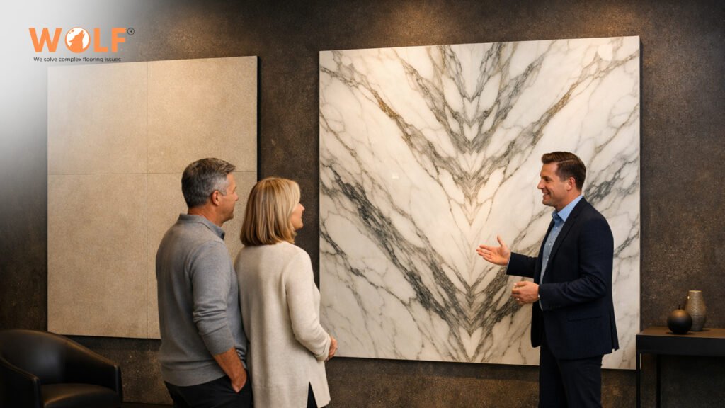 US tile showroom displaying large-format porcelain slabs with minimal grout lines.