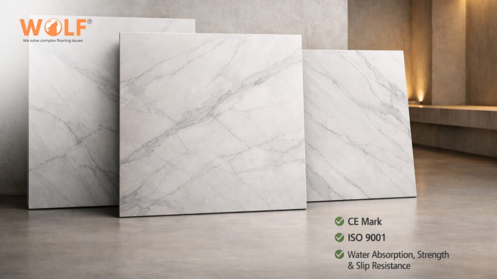 Porcelain tiles displayed with CE marking and ISO 9001 compliance indicators.