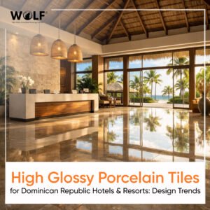 High glossy porcelain tiles in a luxury Dominican Republic resort lobby with ocean view and modern reception design