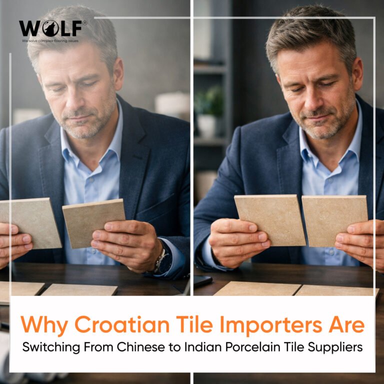 procurement manager comparing porcelain tile samples for consistency and quality before import decision