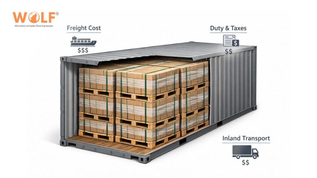 Container diagram showing freight, duty, and inland transport cost components.