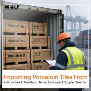 Importing porcelain tiles from India to the UK showing container loading and logistics for UK showroom supply post-Brexit