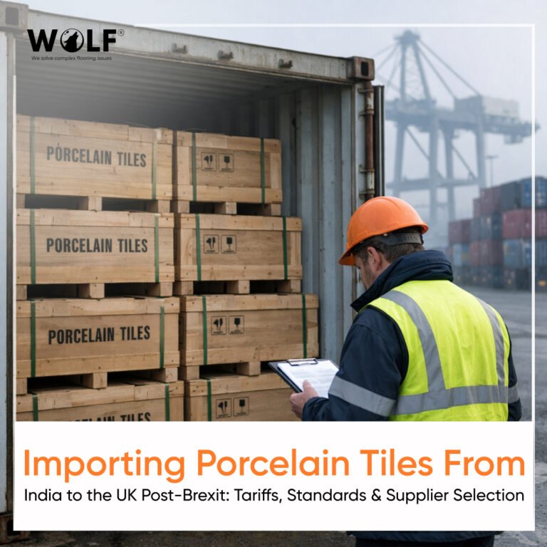 Importing porcelain tiles from India to the UK showing container loading and logistics for UK showroom supply post-Brexit