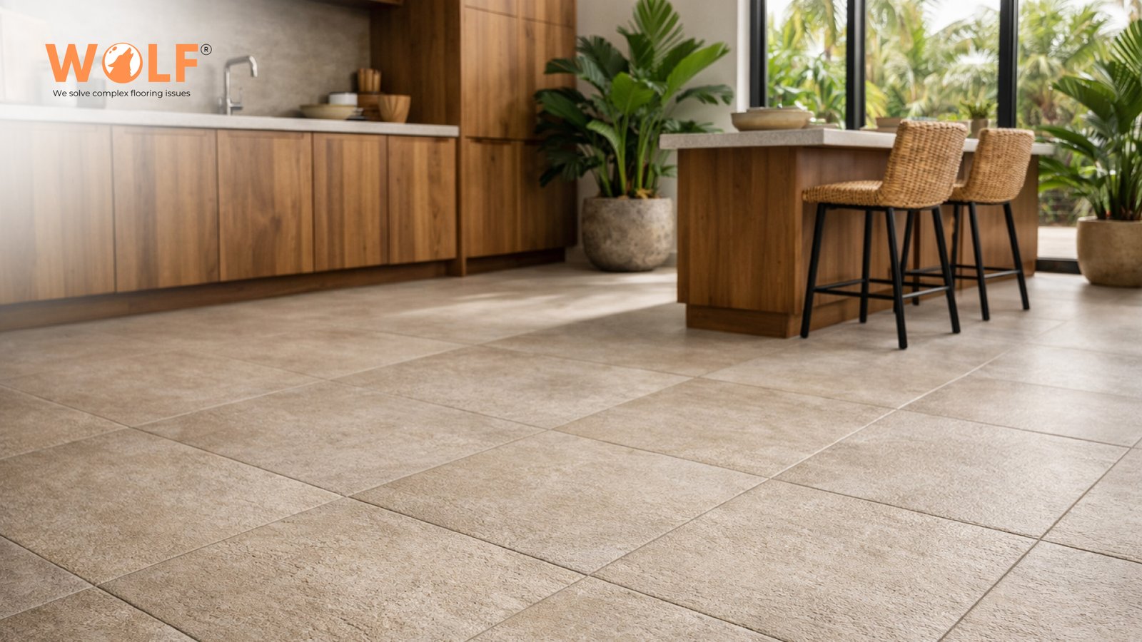 Matte porcelain floor tiles in modern kitchen with natural wood cabinets
