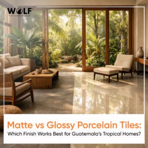 Modern tropical living room with glossy porcelain floor tiles and garden view