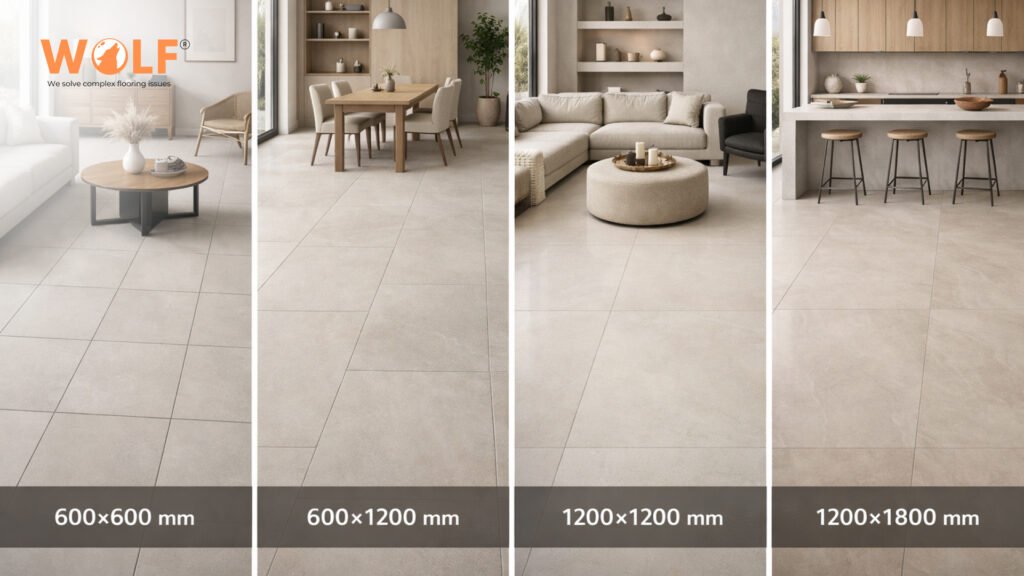 Comparison of porcelain tile sizes affecting container efficiency.