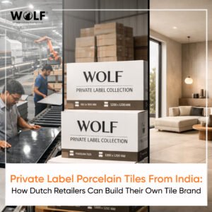 Factory production, packaged porcelain tile boxes, and a modern interior showing private label porcelain tile manufacturing from India.