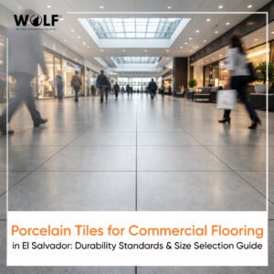 Porcelain tiles for commercial flooring in El Salvador, busy mall concourse with large-format tiles