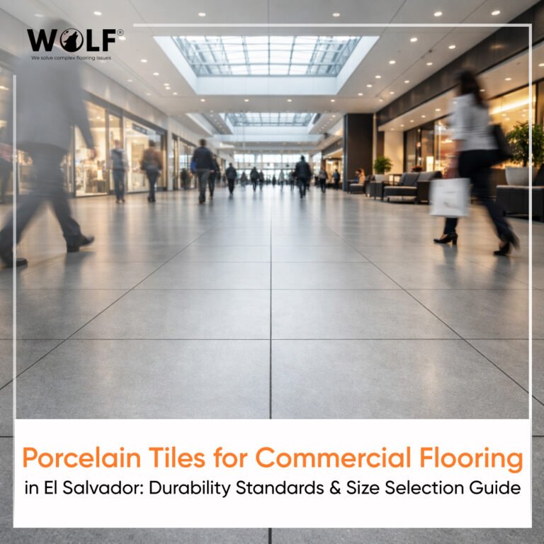 Porcelain tiles for commercial flooring in El Salvador, busy mall concourse with large-format tiles