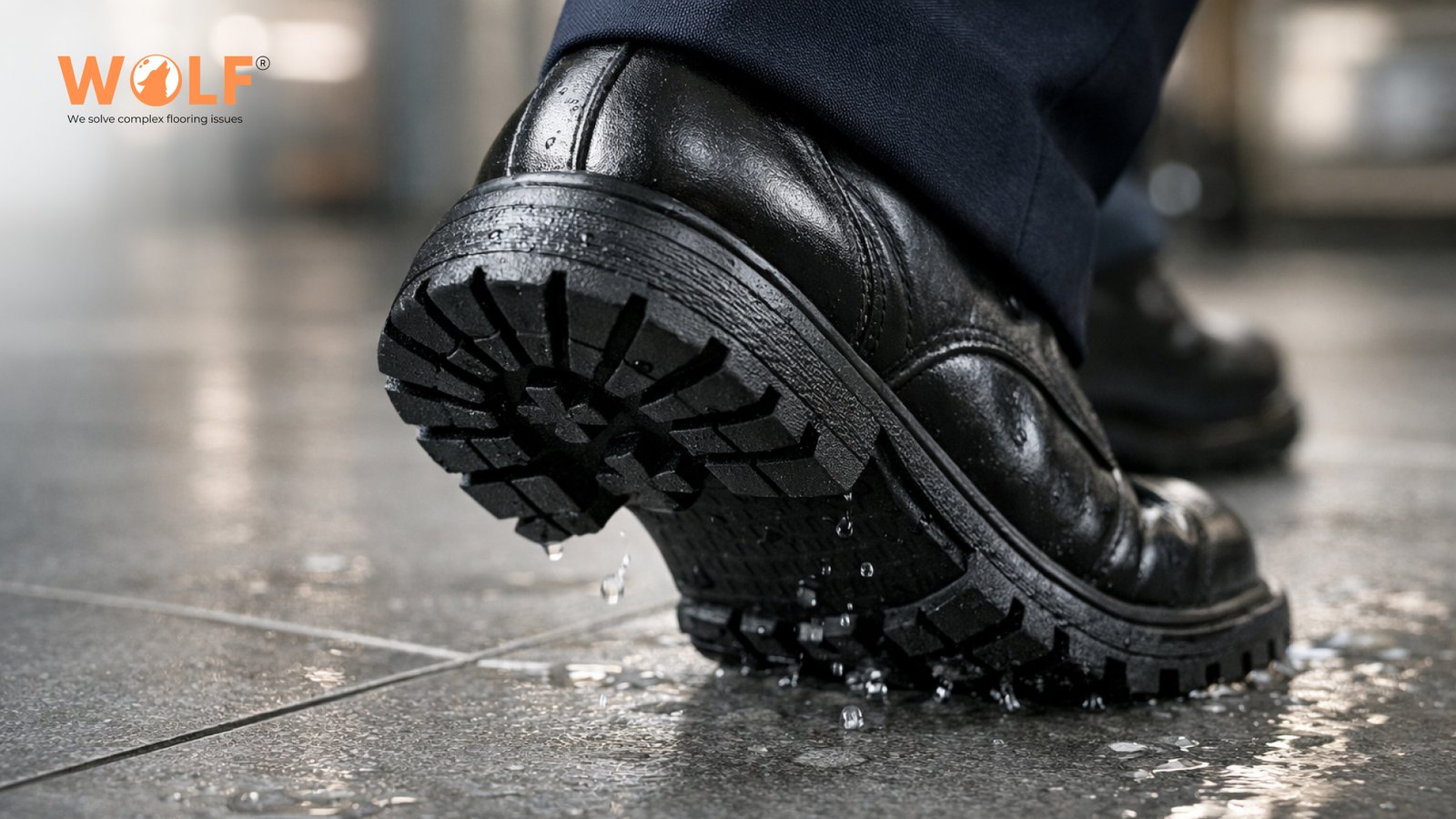 Close-up of a wet boot sole on a commercial porcelain tile floor showing water droplets and slip resistance conditions