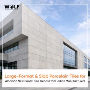 Large-format slab porcelain tiles used in modern commercial building facade for Albanian construction projects