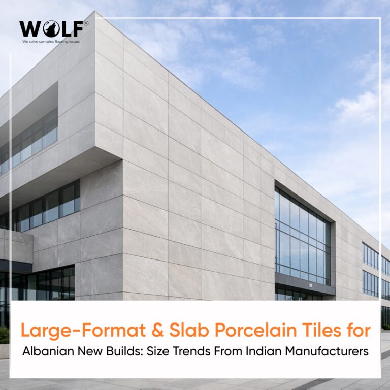 Large-format slab porcelain tiles used in modern commercial building facade for Albanian construction projects