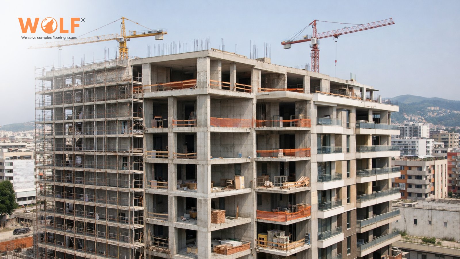 Residential building under construction in Albania showing modern urban development and growing demand for large-format materials