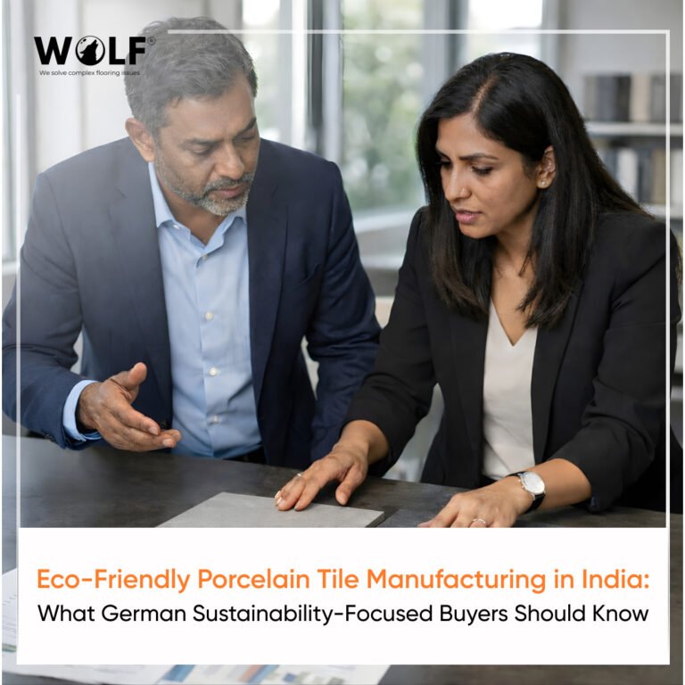 Two South Asian professionals discussing eco-friendly porcelain tile options in a modern office setting.