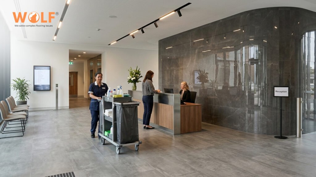 Large-format porcelain tiles installed in a commercial hotel reception, daily maintenance in progress