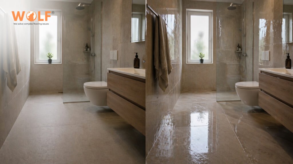 Side by side comparison of matte and glossy porcelain tiles in a Dutch bathroom